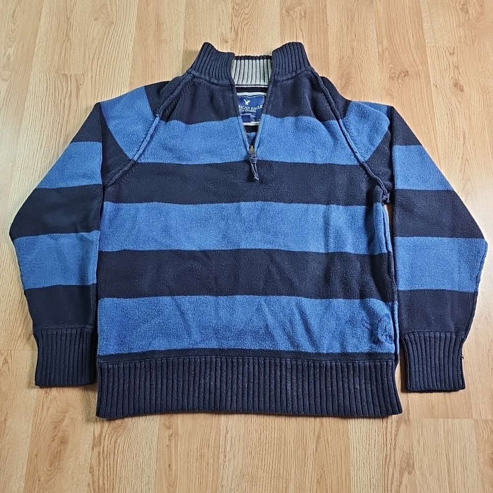 American Eagle Quarter Zip Sweater Mens XL Blue Striped Cotton Heavy Knit Y2k